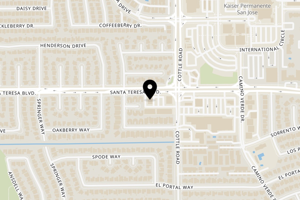 Map showing the location of Pho Teresa Restaurant on 6171 Santa Teresa Blvd in San Jose
